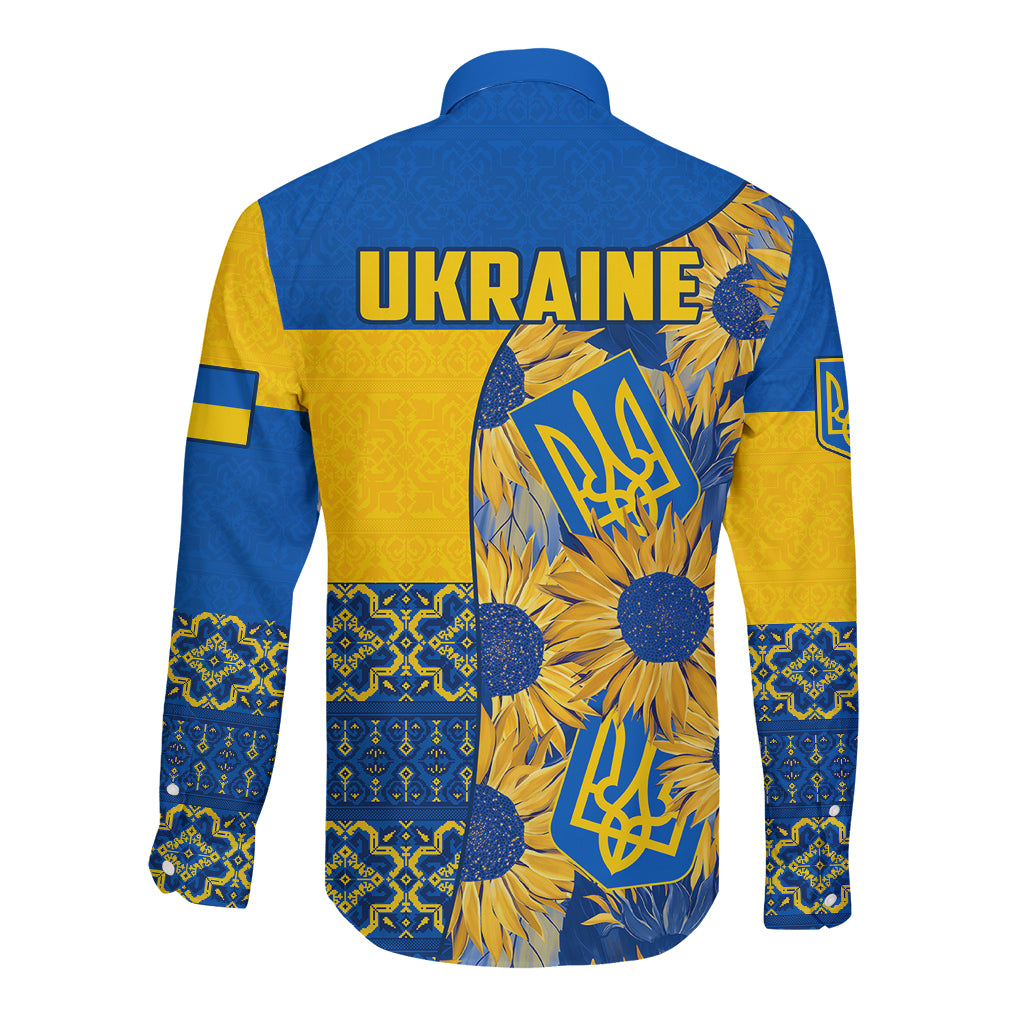Ukraine Long Sleeve Button Shirt Ukrainian Coat of Arms and Folk Sunflower - Wonder Print Shop