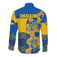 Ukraine Long Sleeve Button Shirt Ukrainian Coat of Arms and Folk Sunflower - Wonder Print Shop