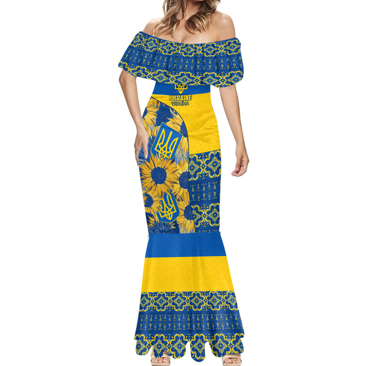 Ukraine Mermaid Dress Ukrainian Coat of Arms and Folk Sunflower - Wonder Print Shop
