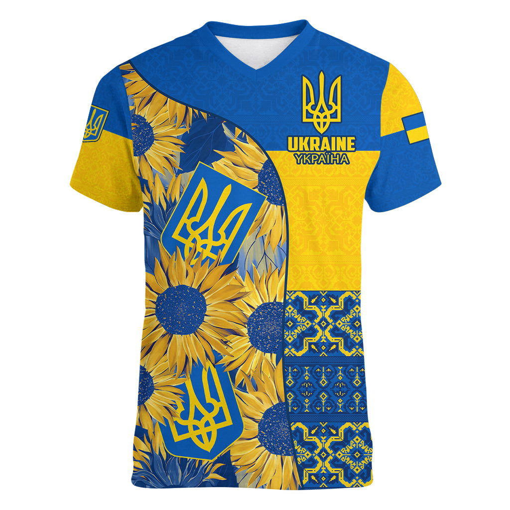 Ukraine Women V Neck T Shirt Ukrainian Coat of Arms and Folk Sunflower - Wonder Print Shop