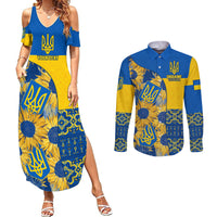 Personalised Ukraine Couples Matching Summer Maxi Dress and Long Sleeve Button Shirts Ukrainian Coat of Arms and Folk Sunflower LT9 - Wonder Print Shop
