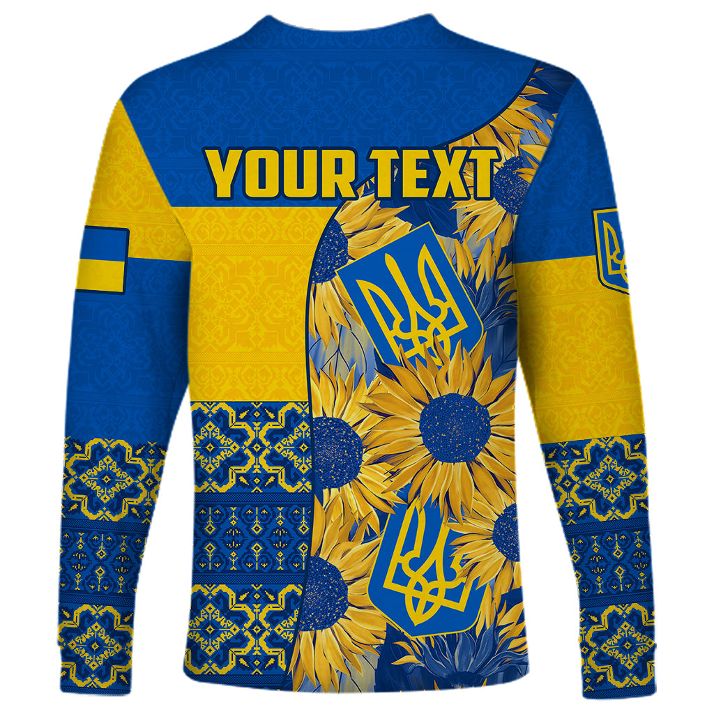 Personalised Ukraine Long Sleeve Shirt Ukrainian Coat of Arms and Folk Sunflower - Wonder Print Shop