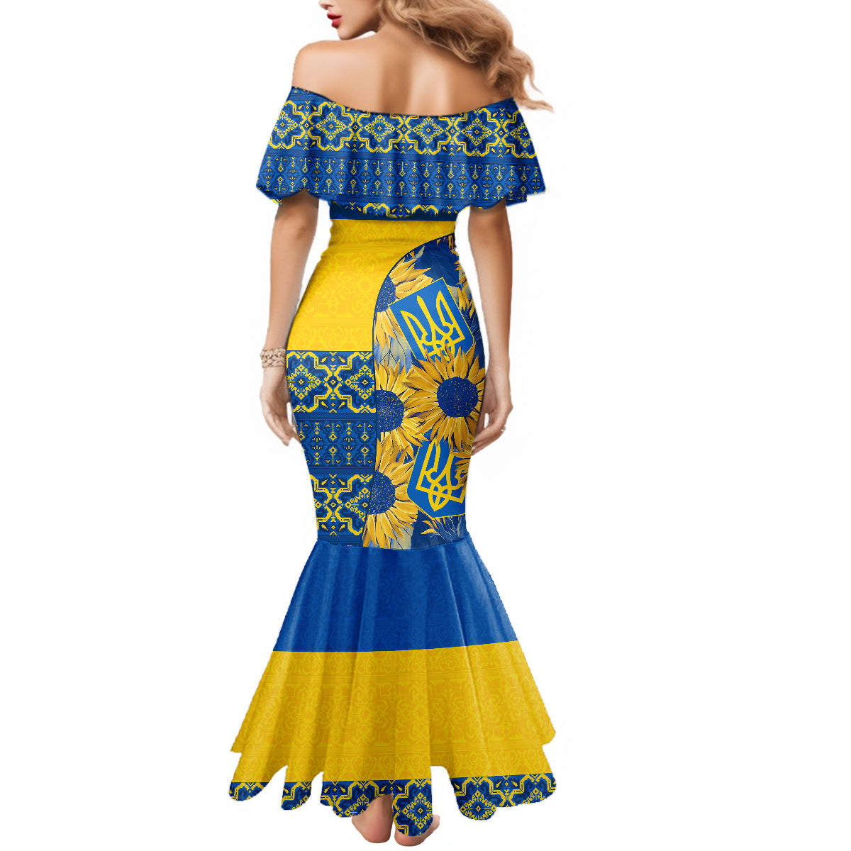 Personalised Ukraine Mermaid Dress Ukrainian Coat of Arms and Folk Sunflower - Wonder Print Shop