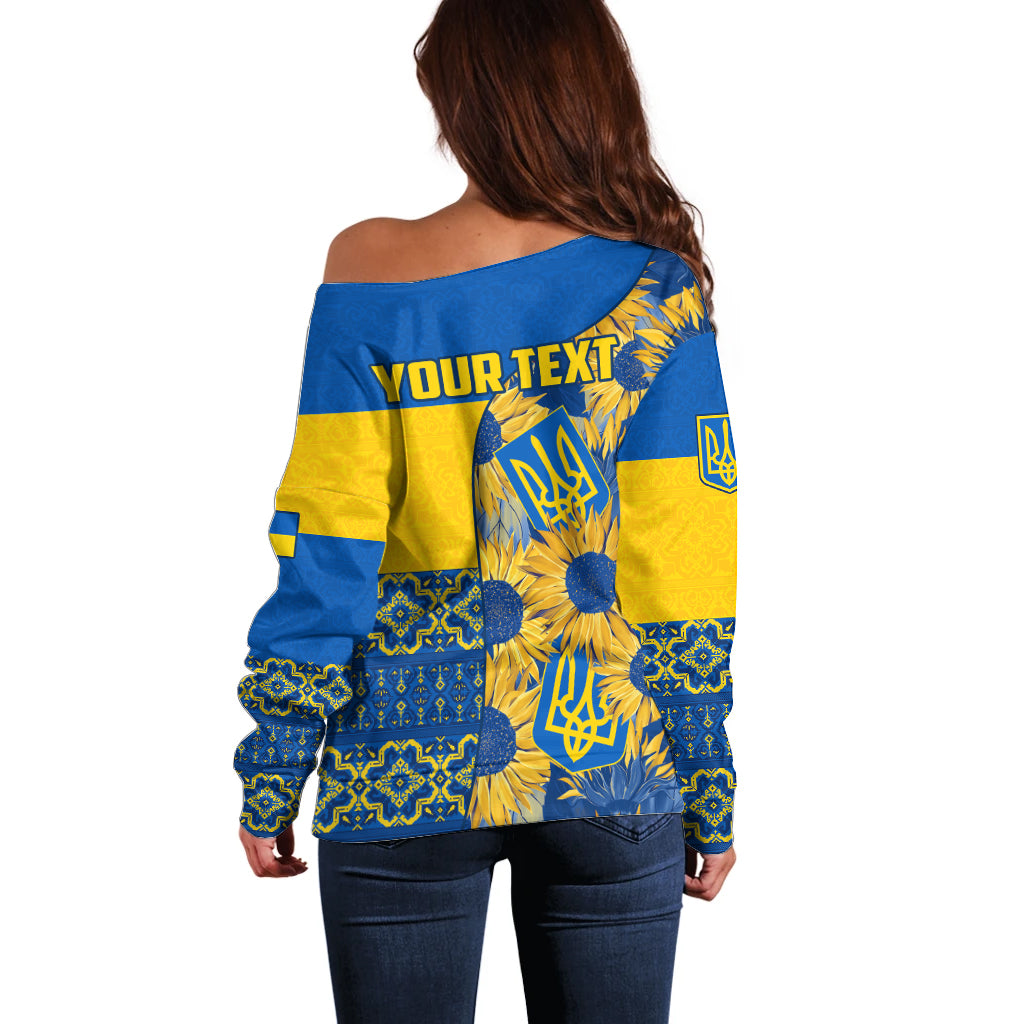 Personalised Ukraine Off Shoulder Sweater Ukrainian Coat of Arms and Folk Sunflower - Wonder Print Shop