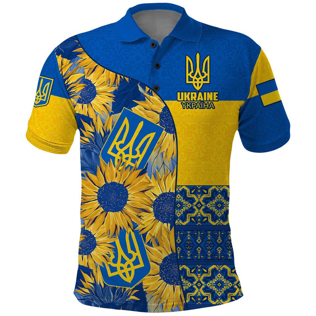 Personalised Ukraine Polo Shirt Ukrainian Coat of Arms and Folk Sunflower - Wonder Print Shop