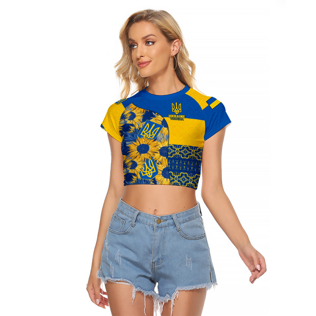 Personalised Ukraine Raglan Cropped T Shirt Ukrainian Coat of Arms and Folk Sunflower - Wonder Print Shop