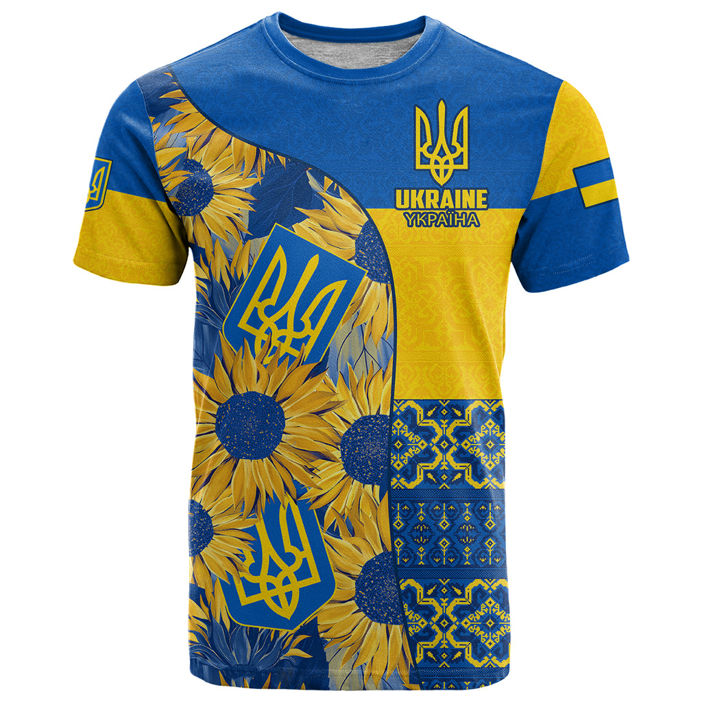 Personalised Ukraine T Shirt Ukrainian Coat of Arms and Folk Sunflower - Wonder Print Shop