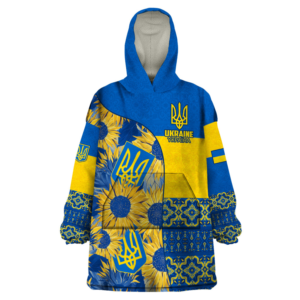 Personalised Ukraine Wearable Blanket Hoodie Ukrainian Coat of Arms and Folk Sunflower - Wonder Print Shop