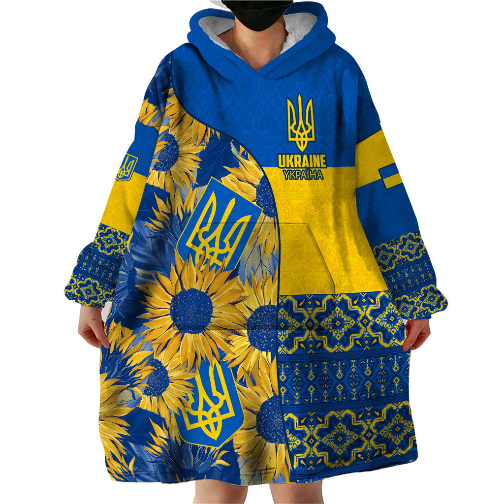 Personalised Ukraine Wearable Blanket Hoodie Ukrainian Coat of Arms and Folk Sunflower - Wonder Print Shop