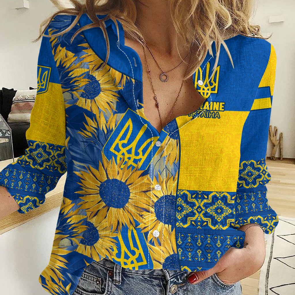 Personalised Ukraine Women Casual Shirt Ukrainian Coat of Arms and Folk Sunflower - Wonder Print Shop