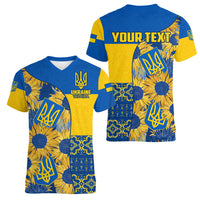 Personalised Ukraine Women V Neck T Shirt Ukrainian Coat of Arms and Folk Sunflower - Wonder Print Shop