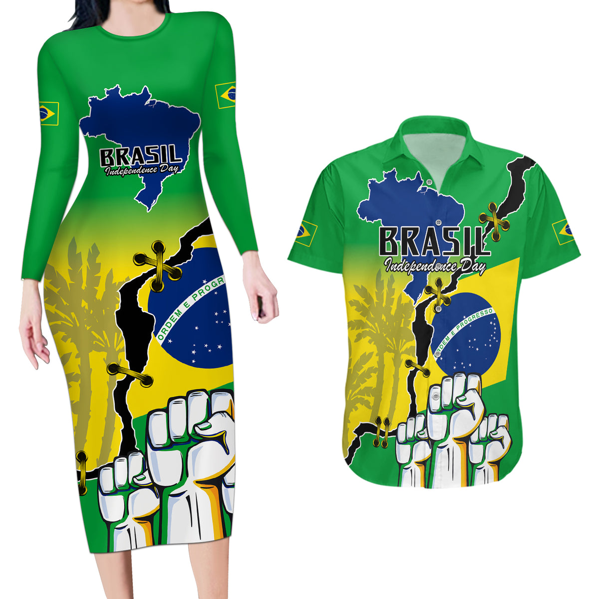 Brasil Couples Matching Long Sleeve Bodycon Dress and Hawaiian Shirt Feliz Dia da Independencia LT9 - Wonder Print Shop