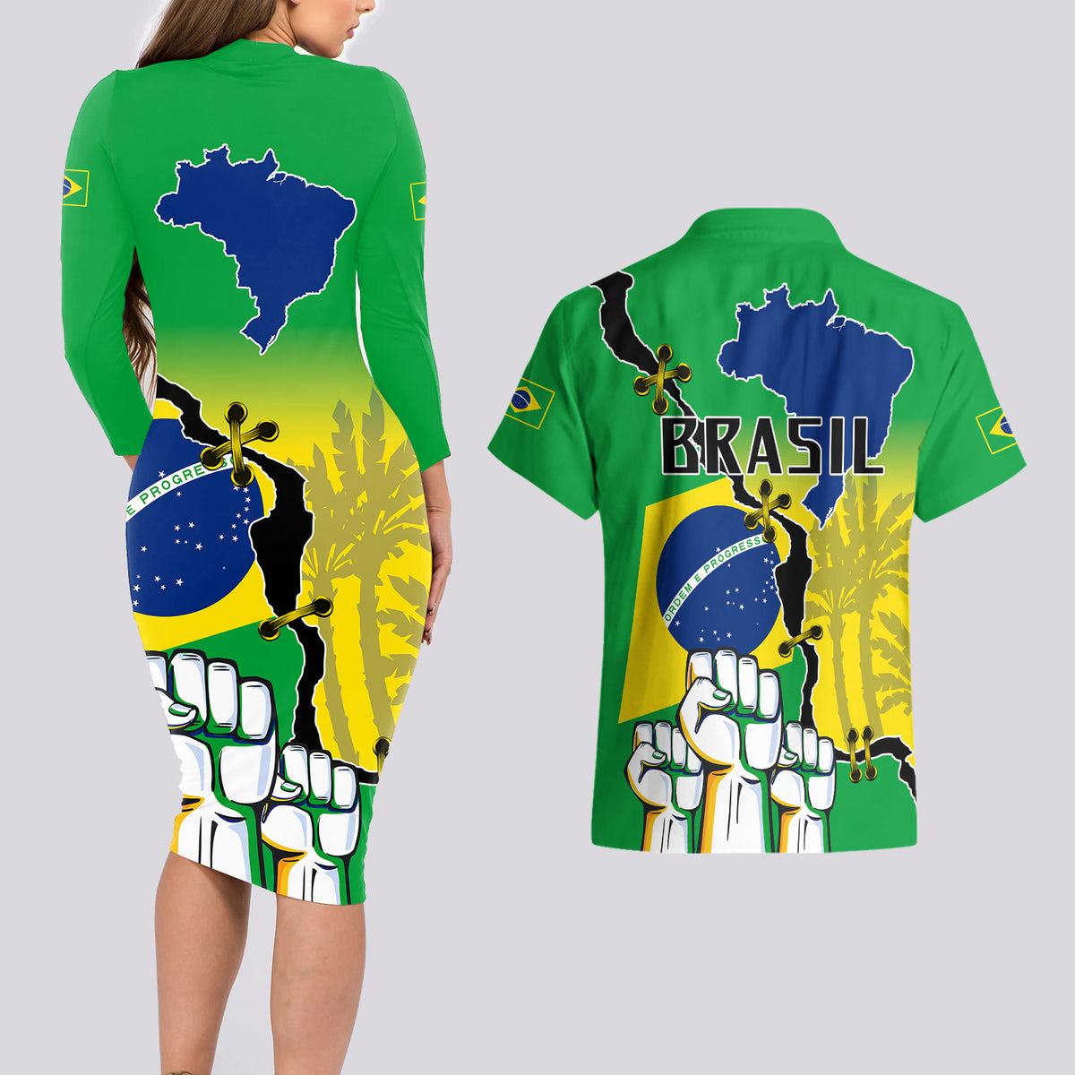 Brasil Couples Matching Long Sleeve Bodycon Dress and Hawaiian Shirt Feliz Dia da Independencia LT9 - Wonder Print Shop