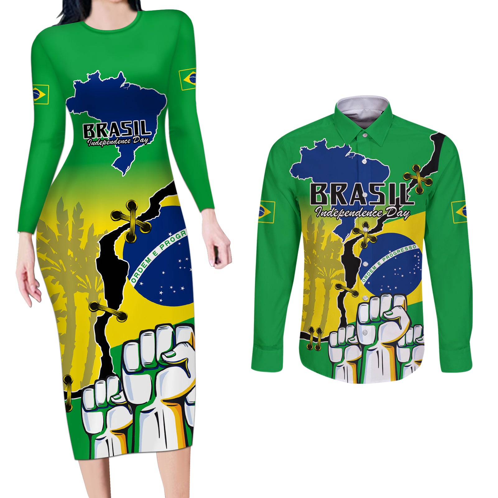 Brasil Couples Matching Long Sleeve Bodycon Dress and Long Sleeve Button Shirts Feliz Dia da Independencia LT9 - Wonder Print Shop