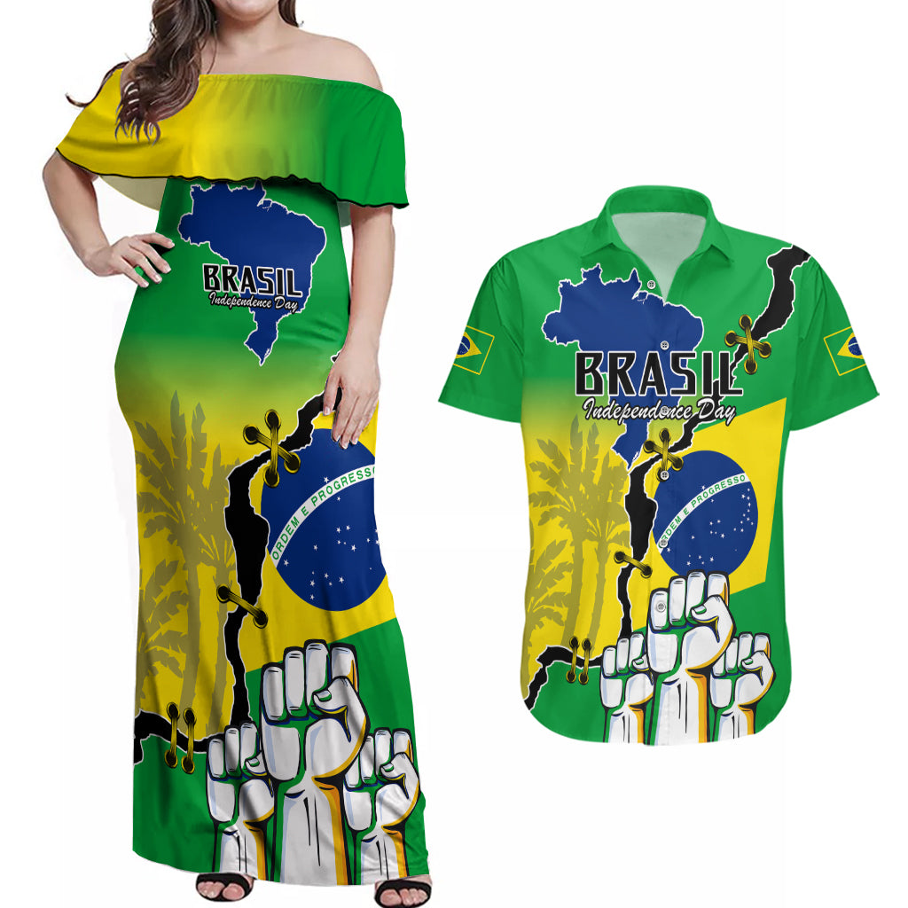 Brasil Couples Matching Off Shoulder Maxi Dress and Hawaiian Shirt Feliz Dia da Independencia LT9 - Wonder Print Shop