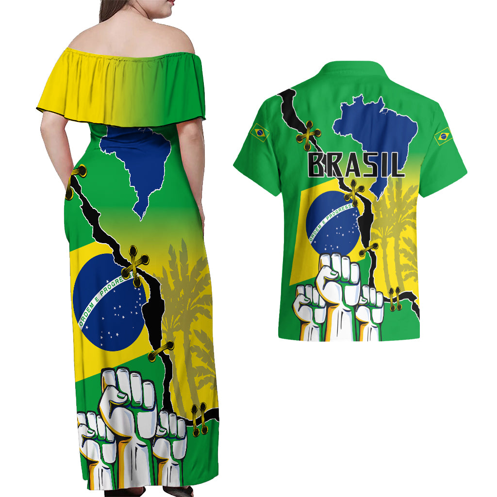 Brasil Couples Matching Off Shoulder Maxi Dress and Hawaiian Shirt Feliz Dia da Independencia LT9 - Wonder Print Shop
