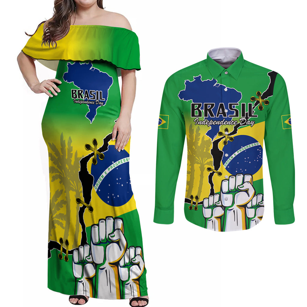 Brasil Couples Matching Off Shoulder Maxi Dress and Long Sleeve Button Shirts Feliz Dia da Independencia LT9 - Wonder Print Shop