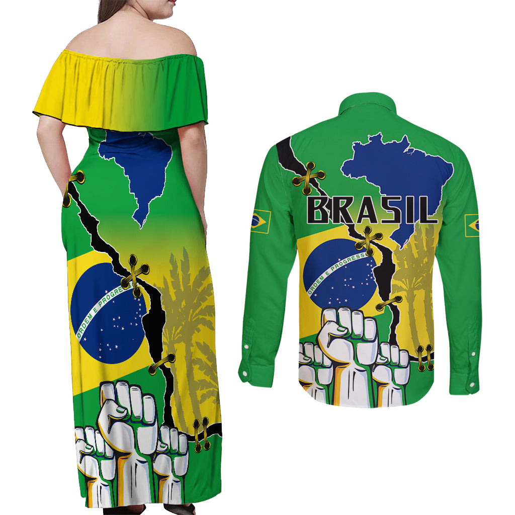 Brasil Couples Matching Off Shoulder Maxi Dress and Long Sleeve Button Shirts Feliz Dia da Independencia LT9 - Wonder Print Shop