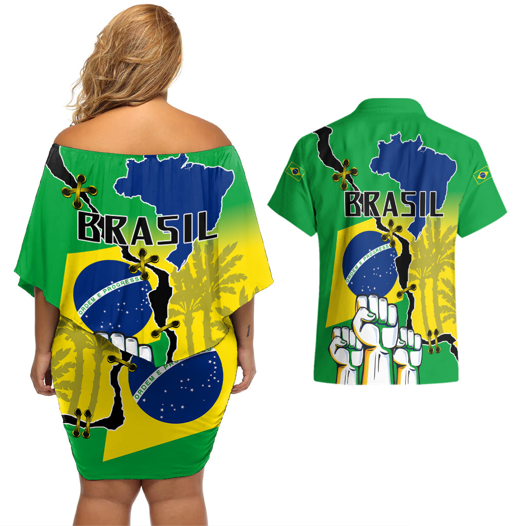 Brasil Couples Matching Off Shoulder Short Dress and Hawaiian Shirt Feliz Dia da Independencia LT9 - Wonder Print Shop