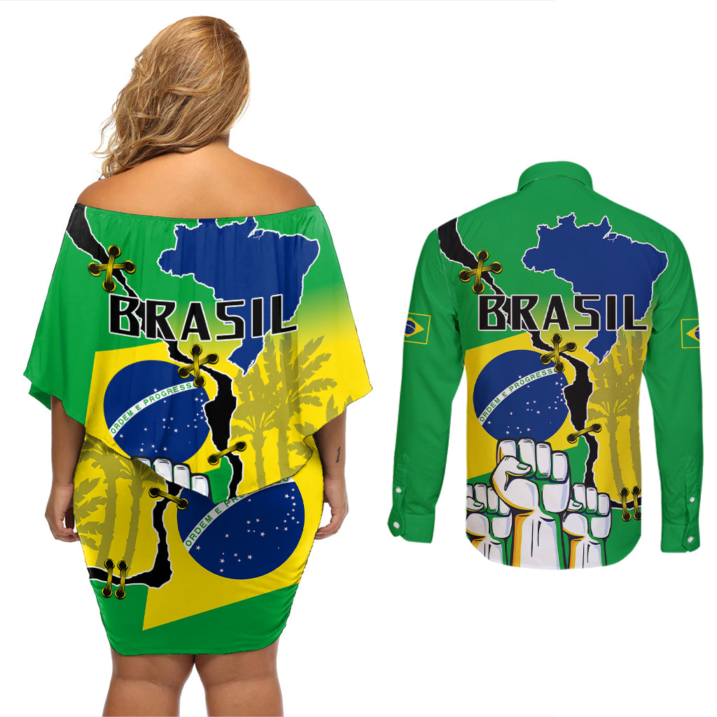 Brasil Couples Matching Off Shoulder Short Dress and Long Sleeve Button Shirts Feliz Dia da Independencia LT9 - Wonder Print Shop