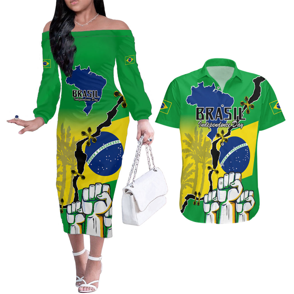 Brasil Couples Matching Off The Shoulder Long Sleeve Dress and Hawaiian Shirt Feliz Dia da Independencia LT9 - Wonder Print Shop