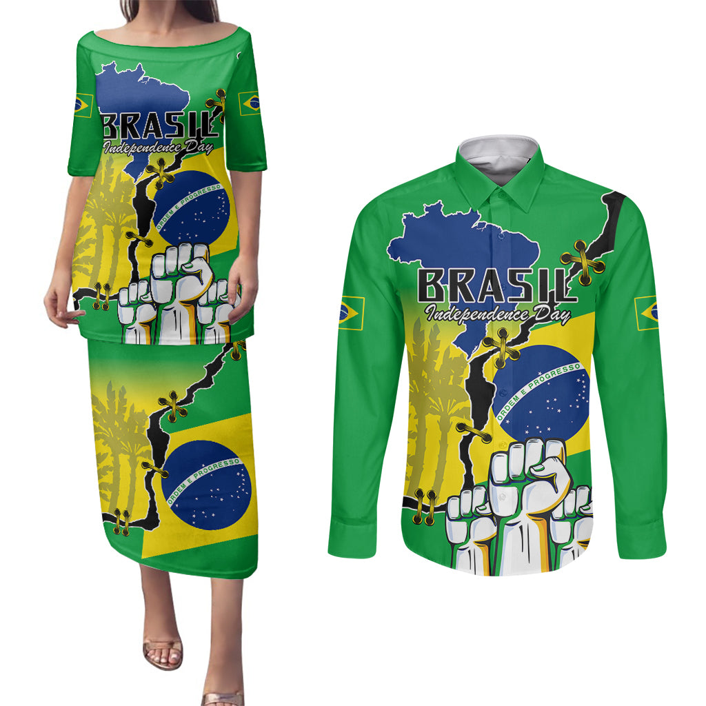 Brasil Couples Matching Puletasi Dress and Long Sleeve Button Shirts Feliz Dia da Independencia LT9 - Wonder Print Shop