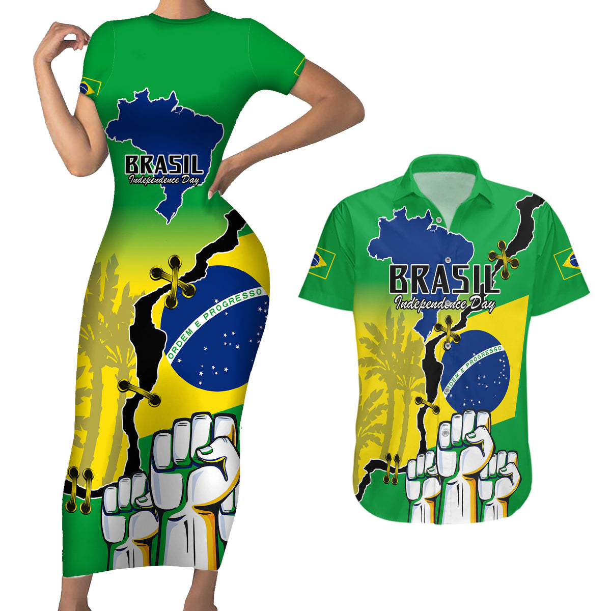 Brasil Couples Matching Short Sleeve Bodycon Dress and Hawaiian Shirt Feliz Dia da Independencia LT9 - Wonder Print Shop