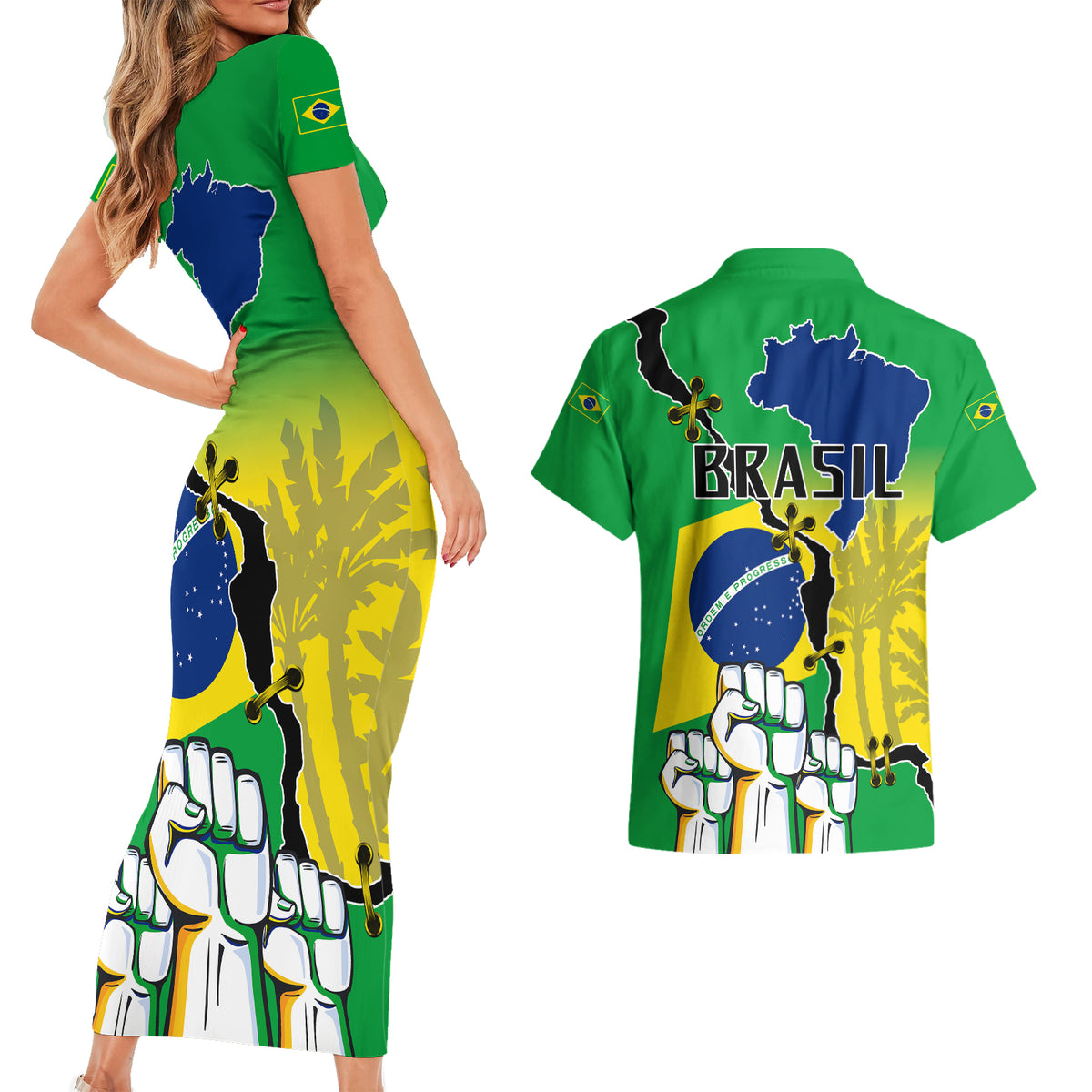 Brasil Couples Matching Short Sleeve Bodycon Dress and Hawaiian Shirt Feliz Dia da Independencia LT9 - Wonder Print Shop