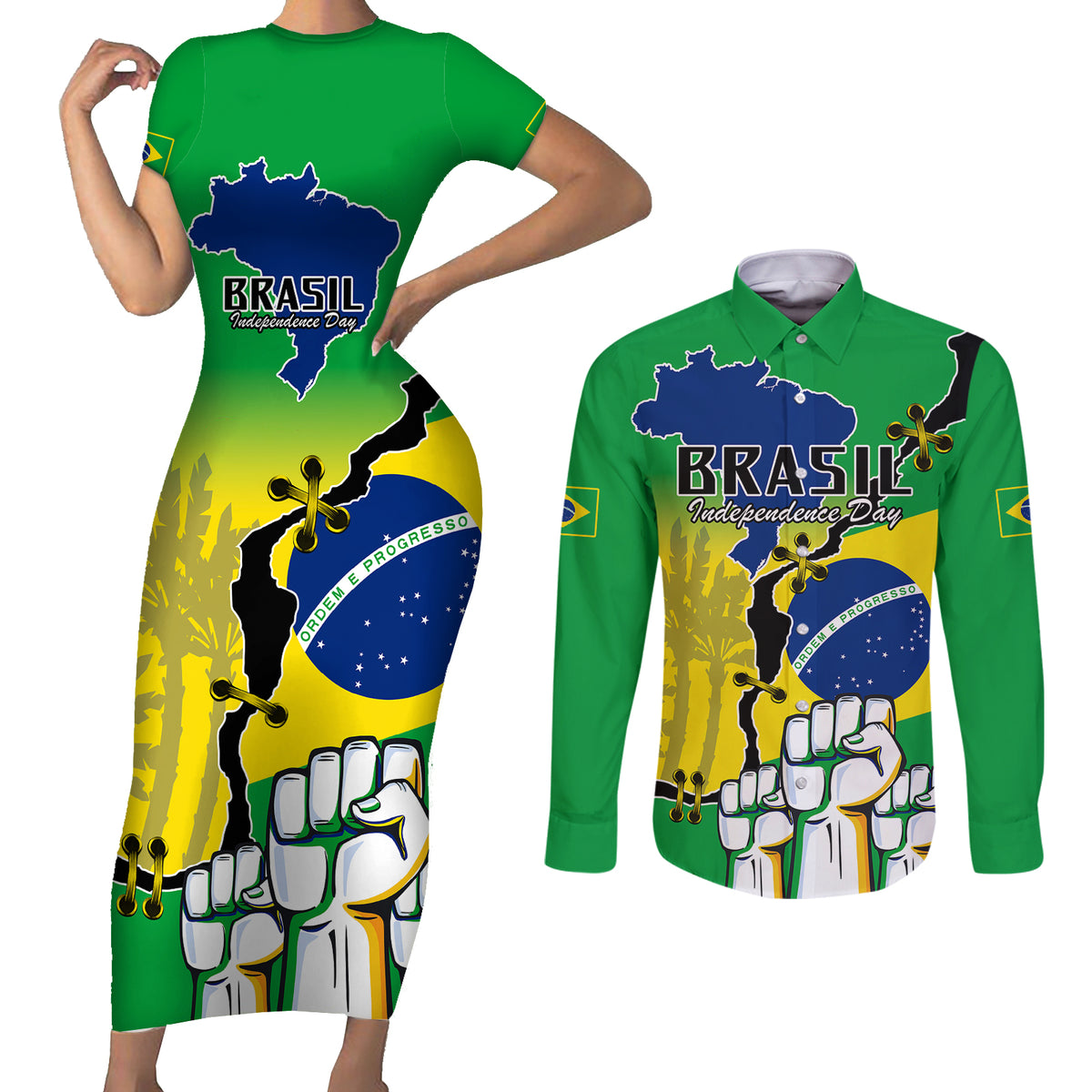 Brasil Couples Matching Short Sleeve Bodycon Dress and Long Sleeve Button Shirts Feliz Dia da Independencia LT9 - Wonder Print Shop