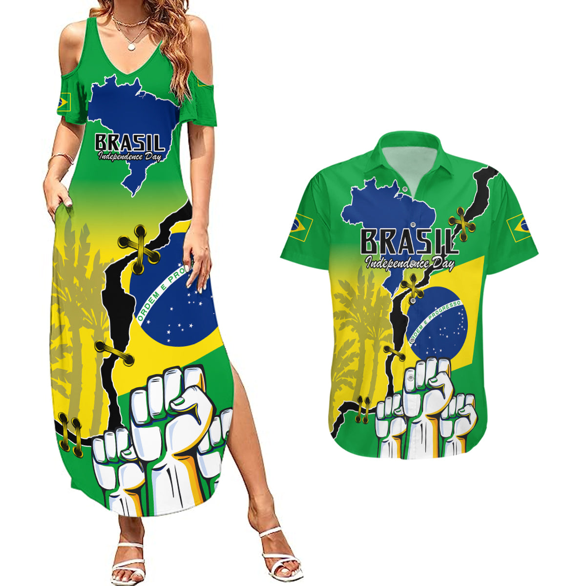 Brasil Couples Matching Summer Maxi Dress and Hawaiian Shirt Feliz Dia da Independencia LT9 - Wonder Print Shop