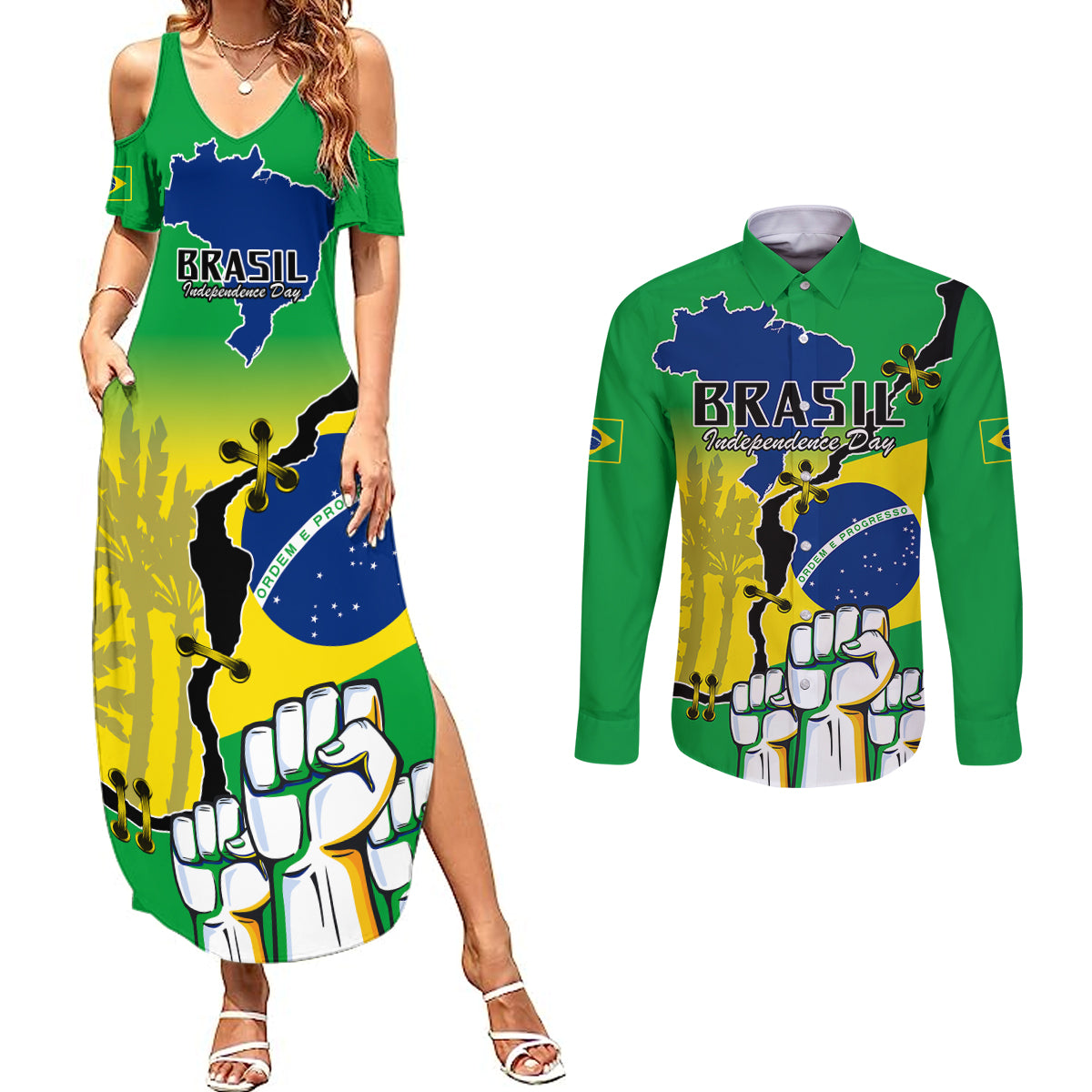 Brasil Couples Matching Summer Maxi Dress and Long Sleeve Button Shirts Feliz Dia da Independencia LT9 - Wonder Print Shop