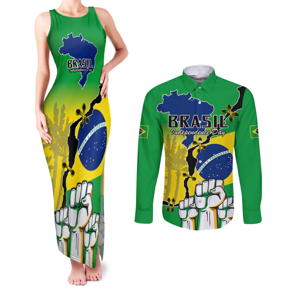 Brasil Couples Matching Tank Maxi Dress and Long Sleeve Button Shirts Feliz Dia da Independencia LT9 - Wonder Print Shop