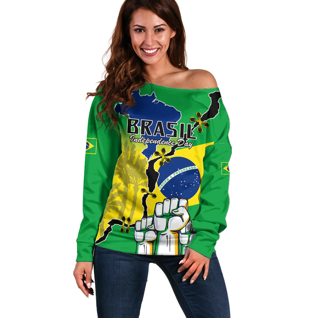 Brasil Off Shoulder Sweater Feliz Dia da Independencia - Wonder Print Shop