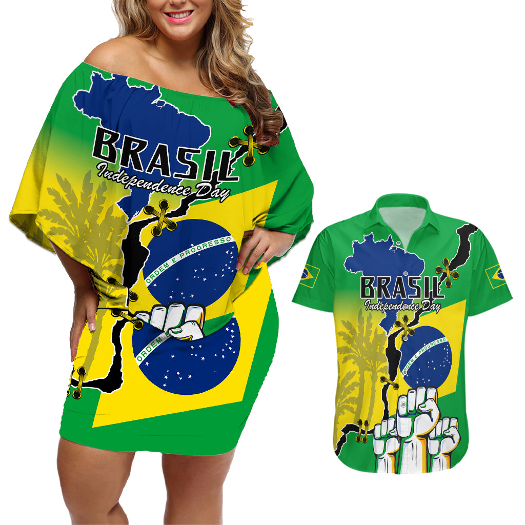 Personalised Brasil Couples Matching Off Shoulder Short Dress and Hawaiian Shirt Feliz Dia da Independencia LT9 - Wonder Print Shop