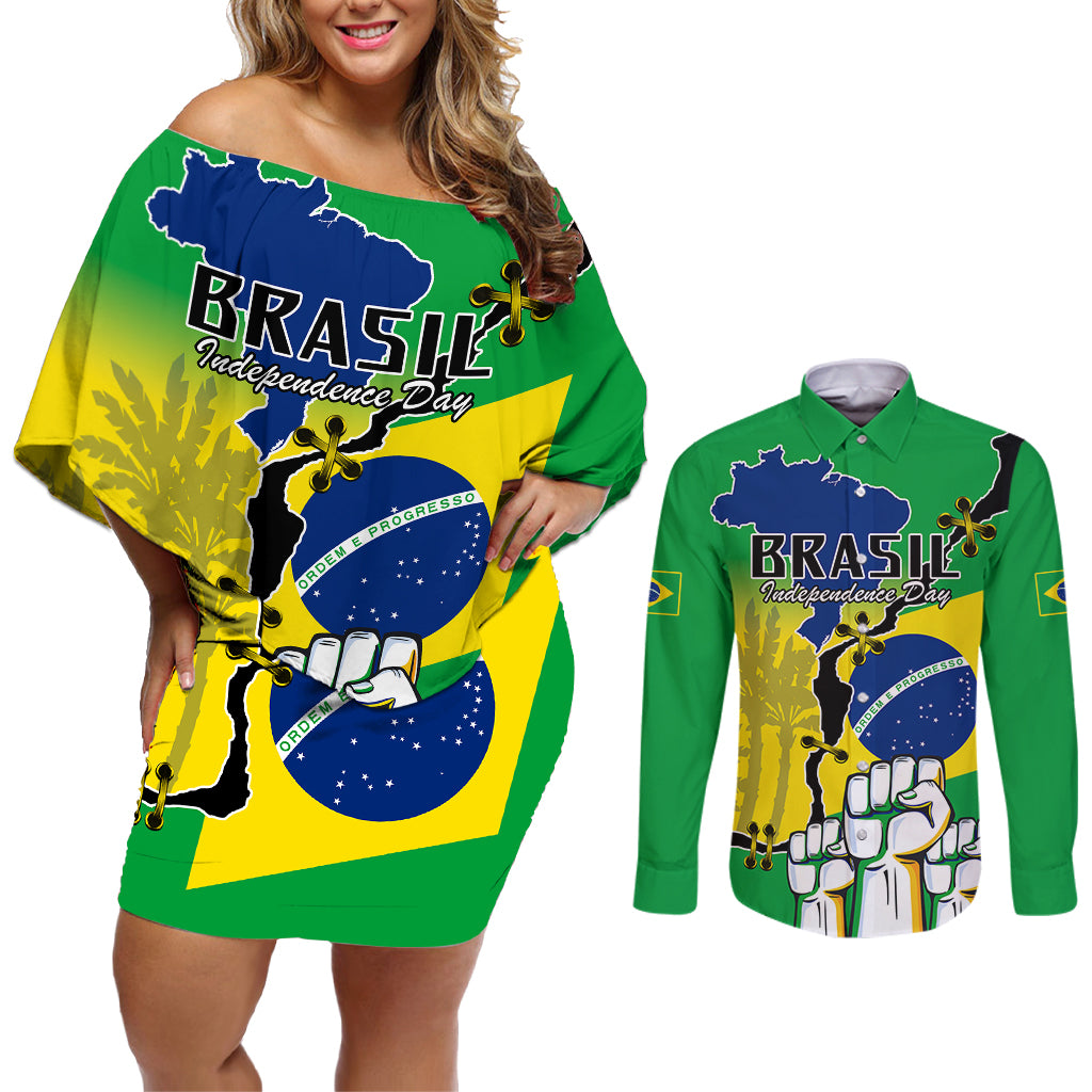 Personalised Brasil Couples Matching Off Shoulder Short Dress and Long Sleeve Button Shirts Feliz Dia da Independencia LT9 - Wonder Print Shop