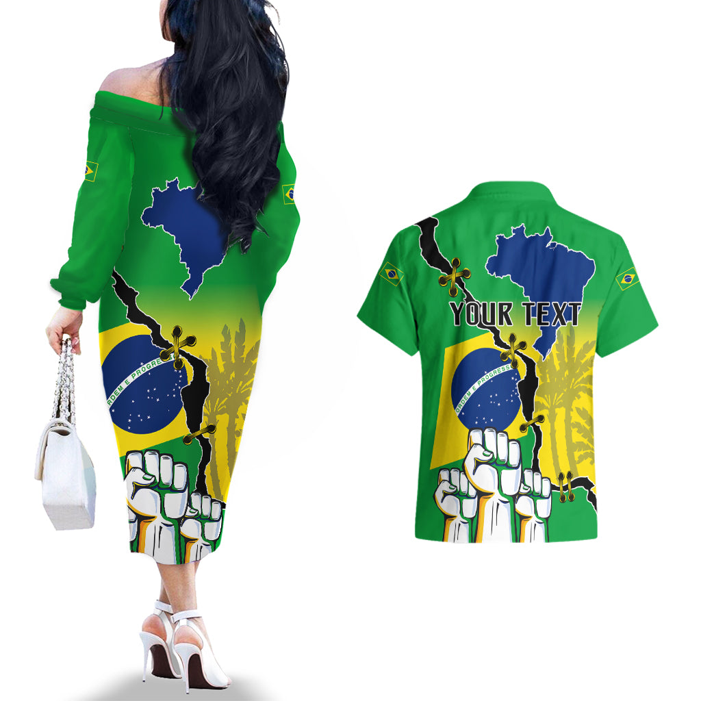 Personalised Brasil Couples Matching Off The Shoulder Long Sleeve Dress and Hawaiian Shirt Feliz Dia da Independencia LT9 - Wonder Print Shop