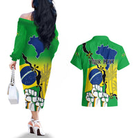 Personalised Brasil Couples Matching Off The Shoulder Long Sleeve Dress and Hawaiian Shirt Feliz Dia da Independencia LT9 - Wonder Print Shop