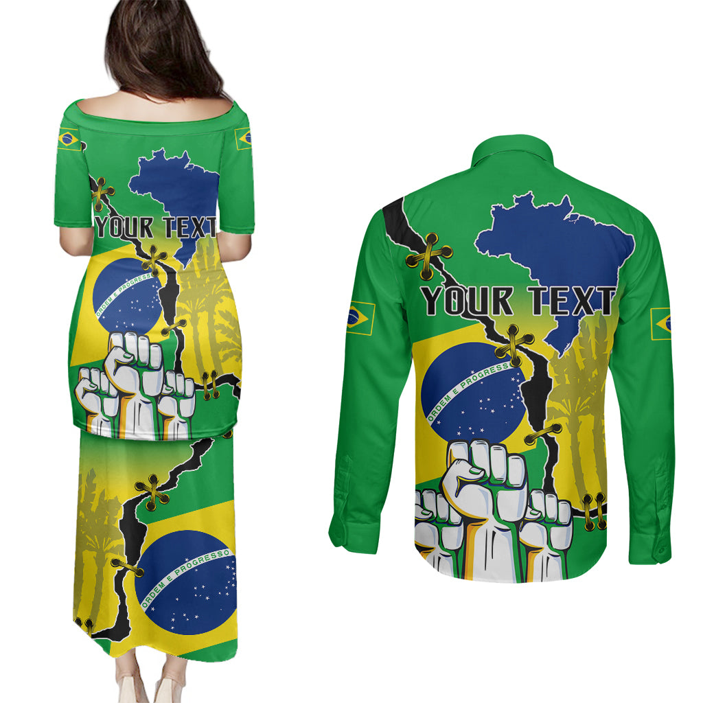 Personalised Brasil Couples Matching Puletasi Dress and Long Sleeve Button Shirts Feliz Dia da Independencia LT9 - Wonder Print Shop