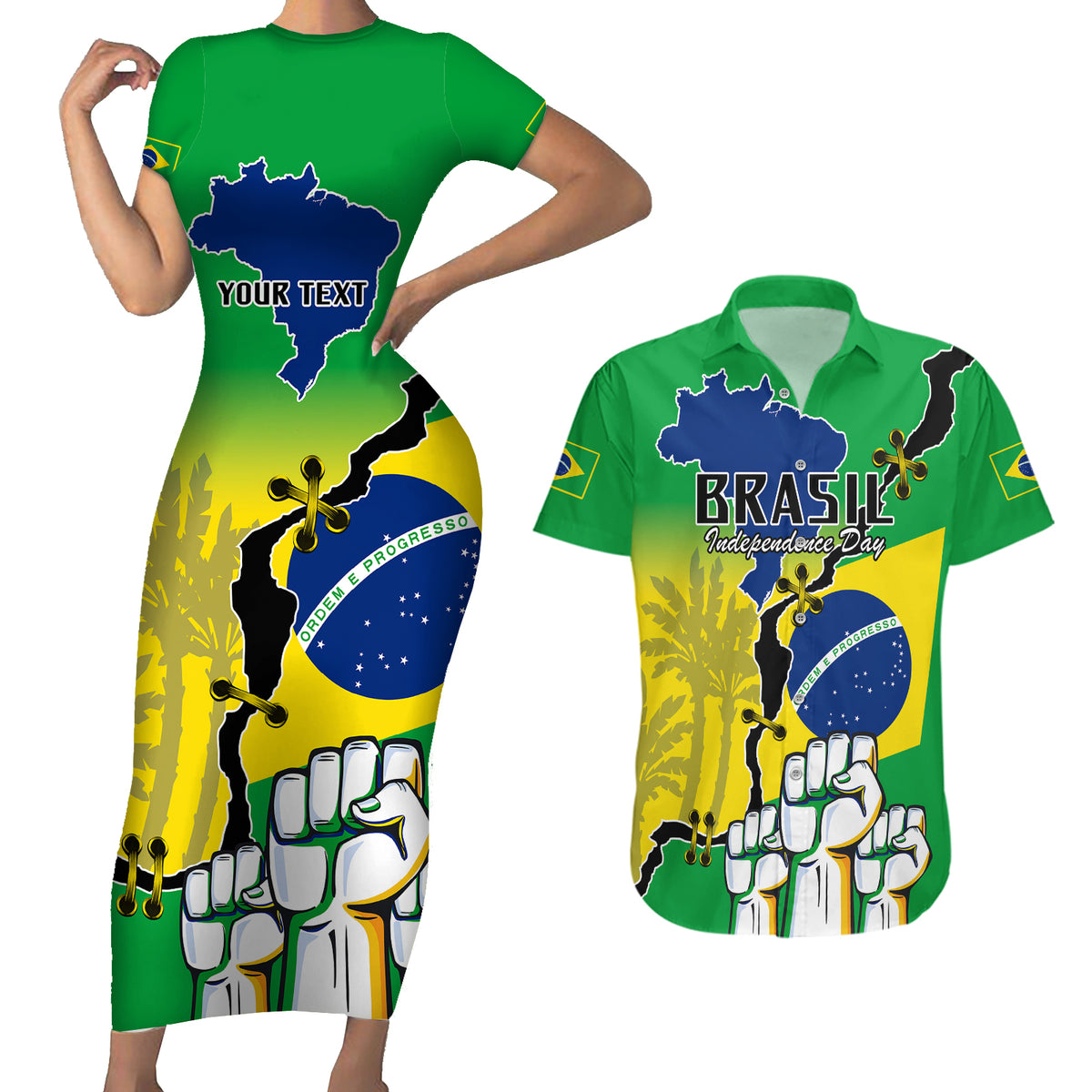 Personalised Brasil Couples Matching Short Sleeve Bodycon Dress and Hawaiian Shirt Feliz Dia da Independencia LT9 - Wonder Print Shop