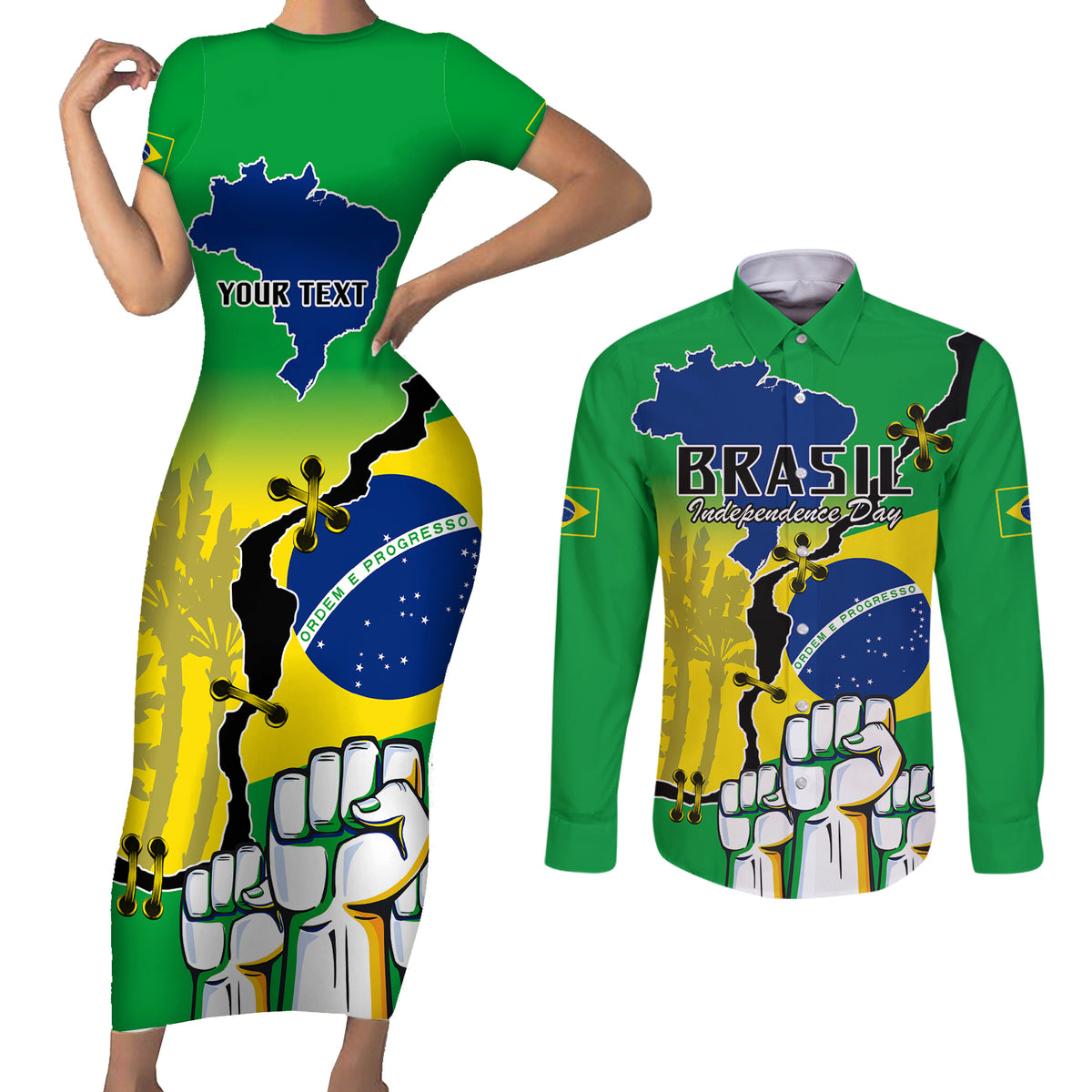 Personalised Brasil Couples Matching Short Sleeve Bodycon Dress and Long Sleeve Button Shirts Feliz Dia da Independencia LT9 - Wonder Print Shop