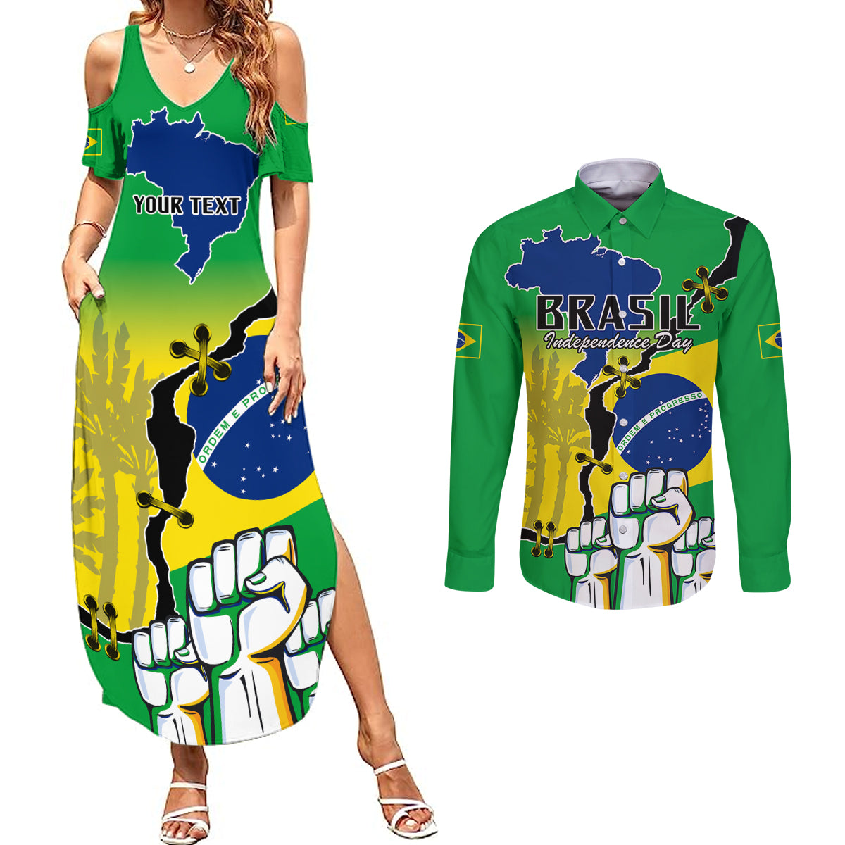 Personalised Brasil Couples Matching Summer Maxi Dress and Long Sleeve Button Shirts Feliz Dia da Independencia LT9 - Wonder Print Shop