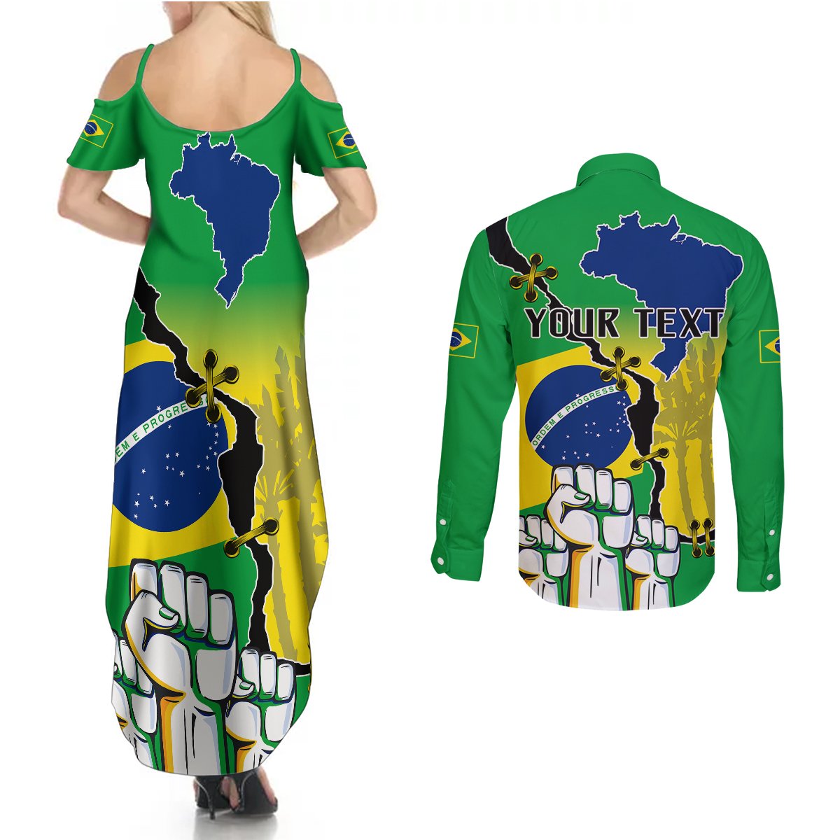 Personalised Brasil Couples Matching Summer Maxi Dress and Long Sleeve Button Shirts Feliz Dia da Independencia LT9 - Wonder Print Shop
