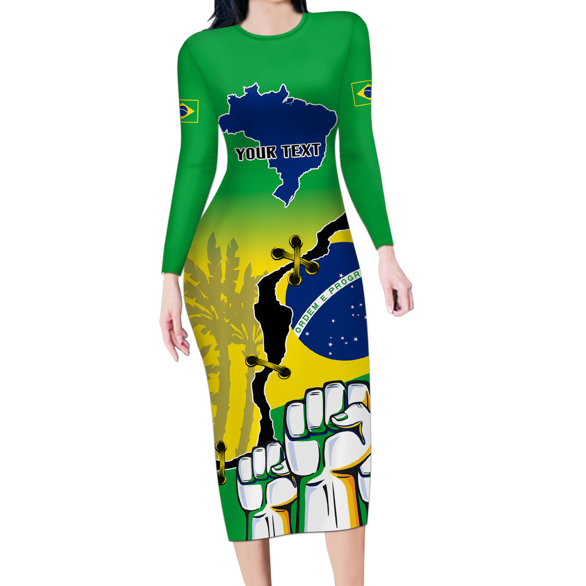 Personalised Brasil Long Sleeve Bodycon Dress Feliz Dia da Independencia - Wonder Print Shop