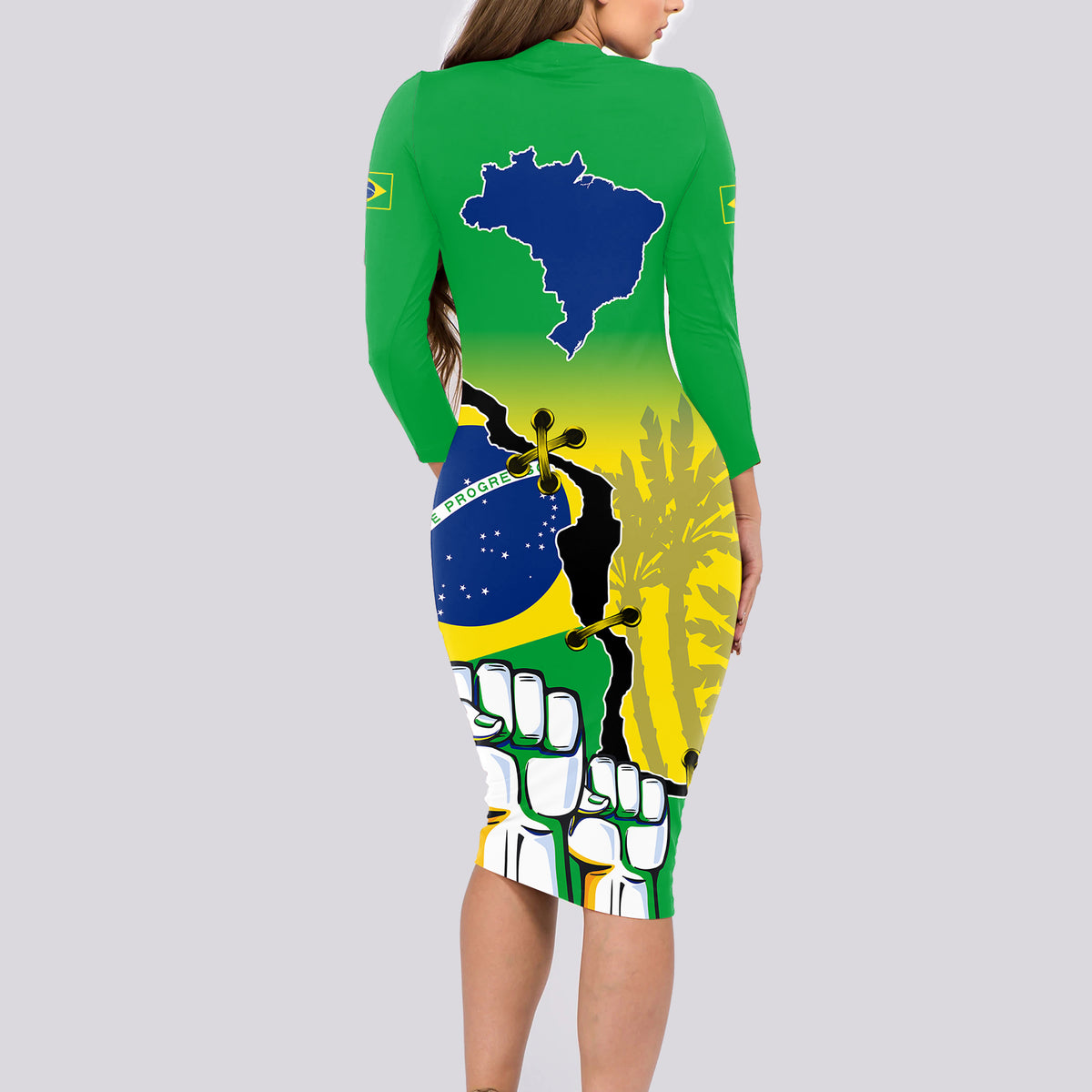 Personalised Brasil Long Sleeve Bodycon Dress Feliz Dia da Independencia - Wonder Print Shop
