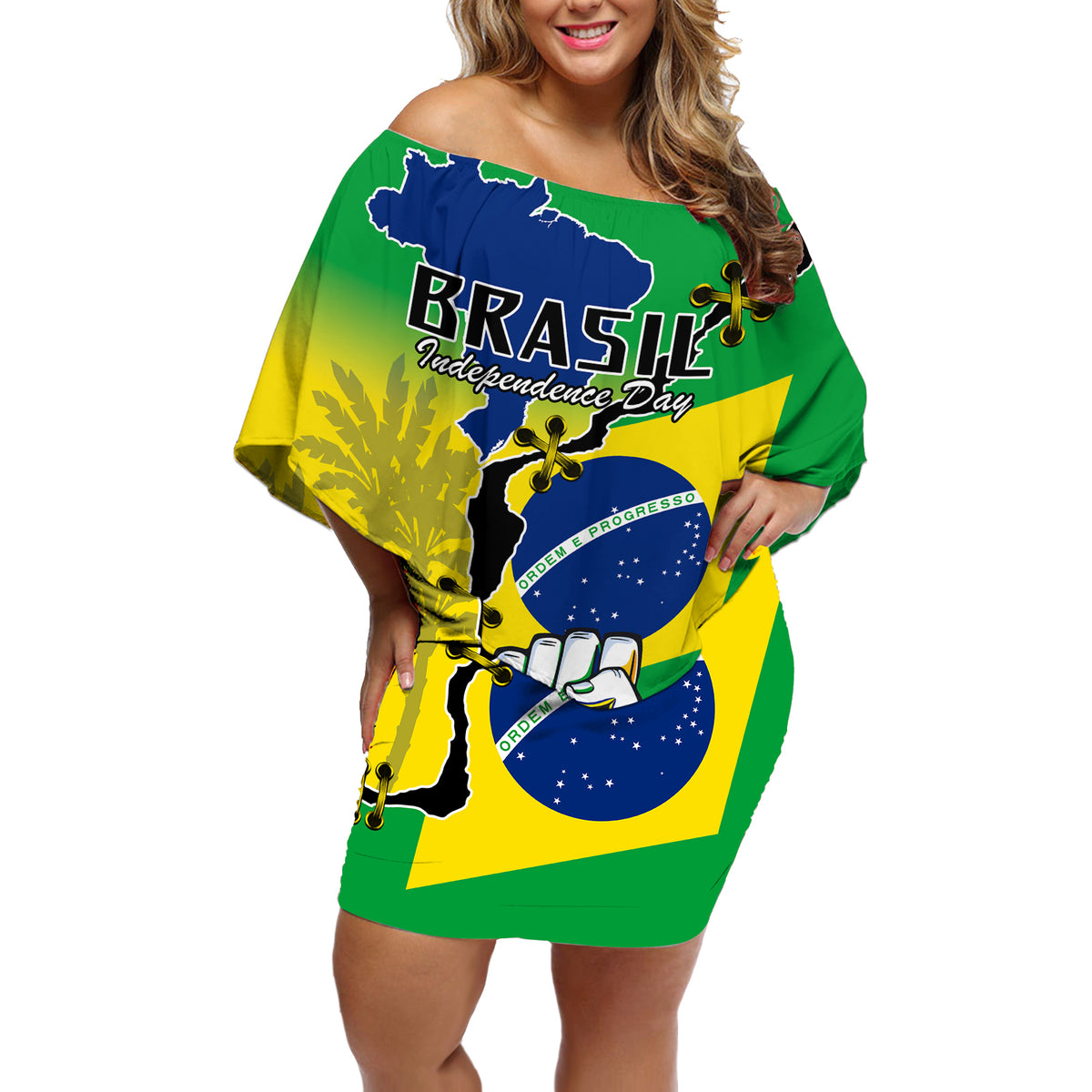 Personalised Brasil Off Shoulder Short Dress Feliz Dia da Independencia - Wonder Print Shop
