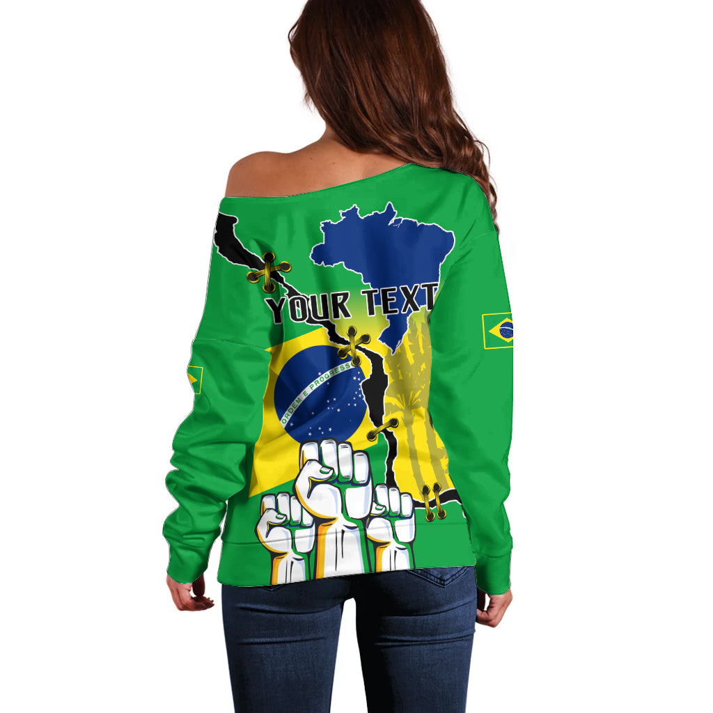 Personalised Brasil Off Shoulder Sweater Feliz Dia da Independencia - Wonder Print Shop