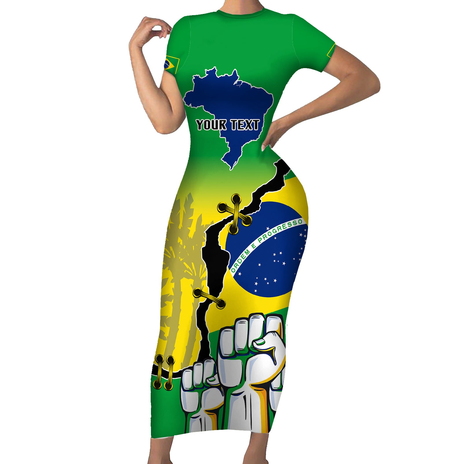 Personalised Brasil Short Sleeve Bodycon Dress Feliz Dia da Independencia - Wonder Print Shop