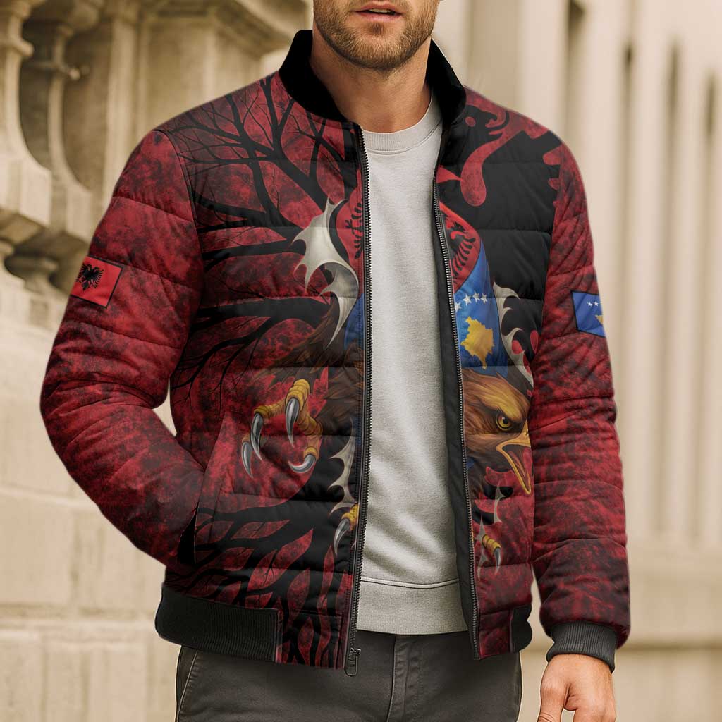 Personalized Kosova Albanian Roots Bomber Puffer Jacket Kosova Albanian Eagle Flag - Wonder Print Shop