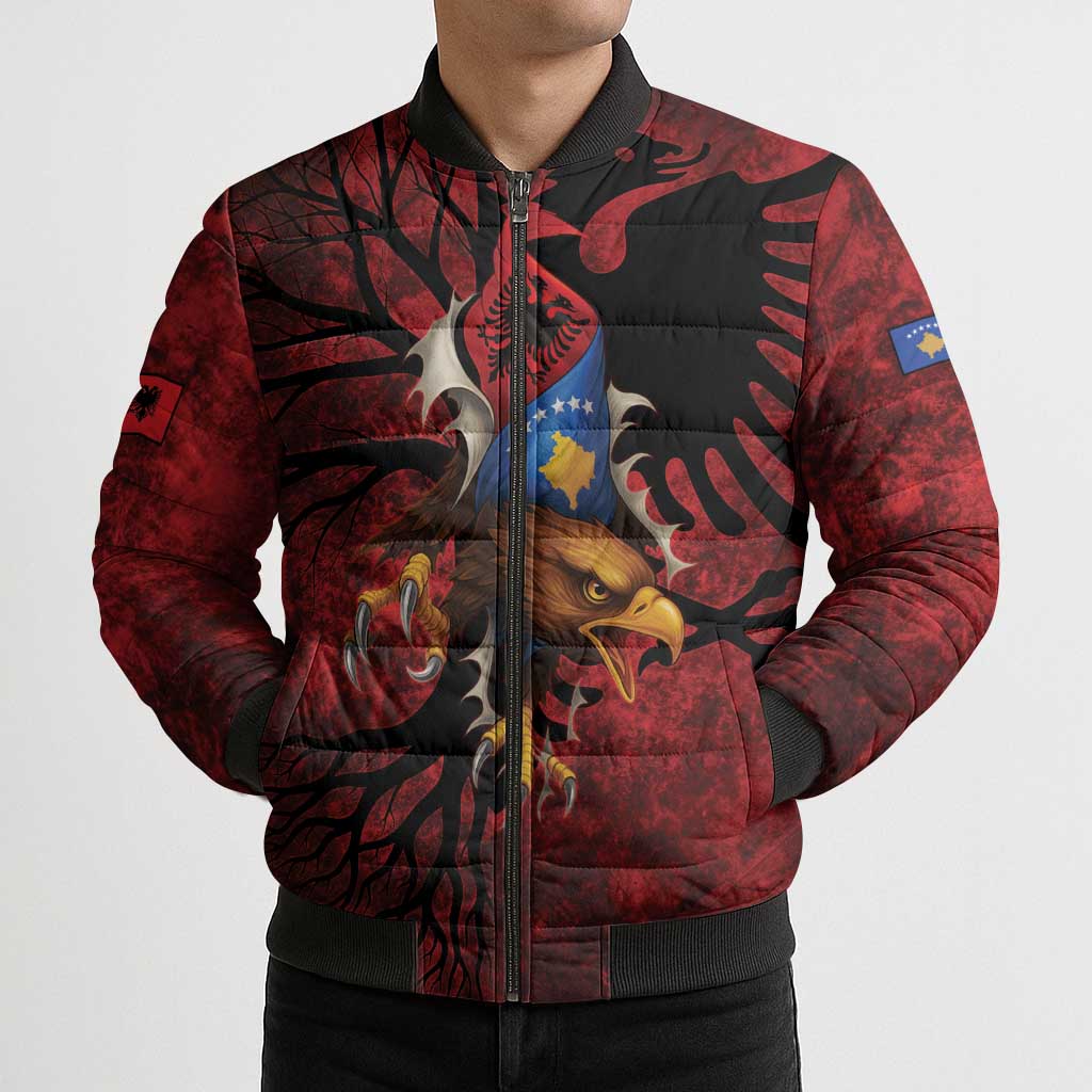 Personalized Kosova Albanian Roots Bomber Puffer Jacket Kosova Albanian Eagle Flag - Wonder Print Shop
