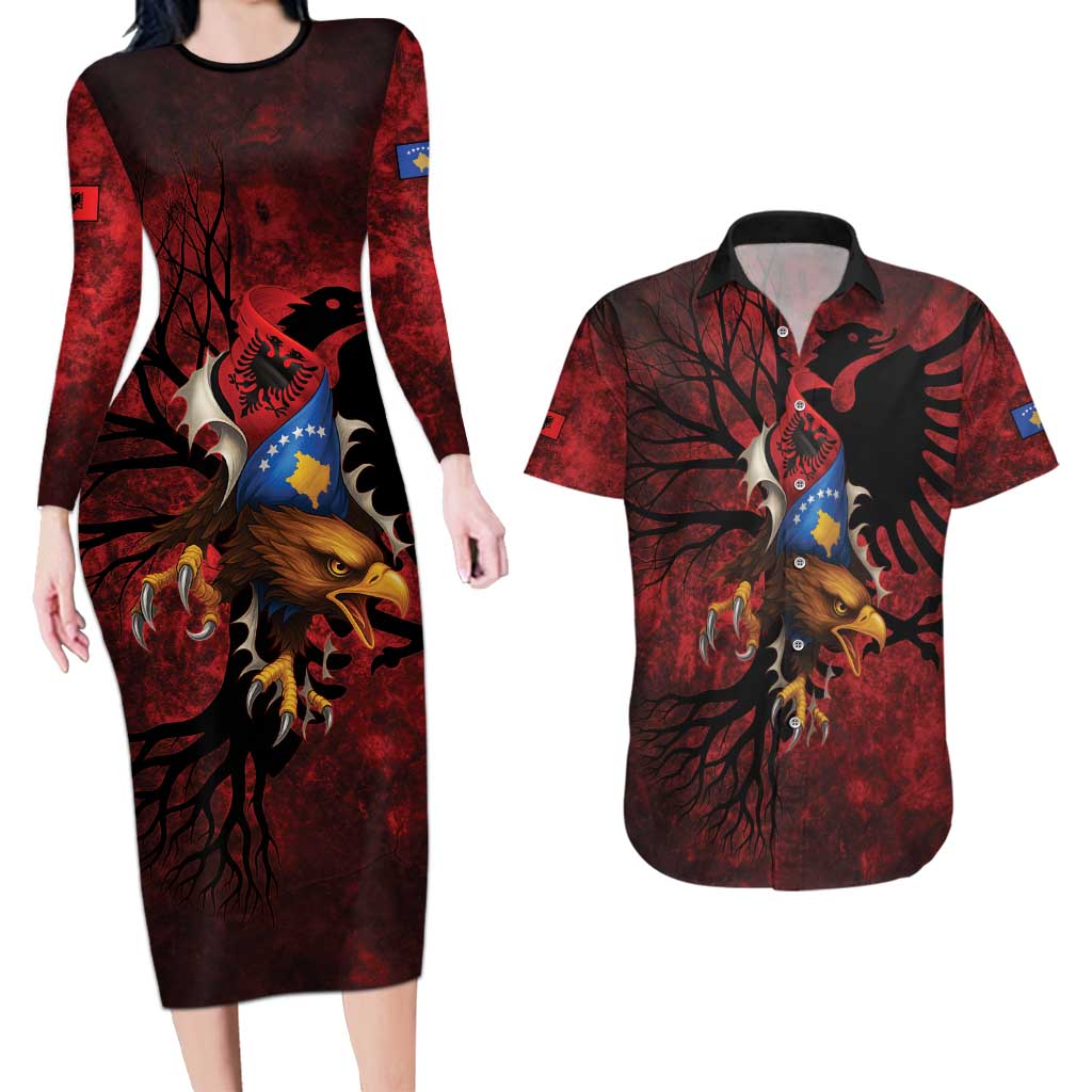 Personalized Kosova Albanian Roots Couples Matching Long Sleeve Bodycon Dress and Hawaiian Shirt Kosova Albanian Eagle Flag - Wonder Print Shop